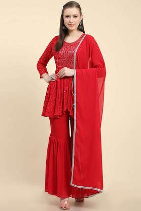 embroidered mid thigh georgette women's kurta set - red