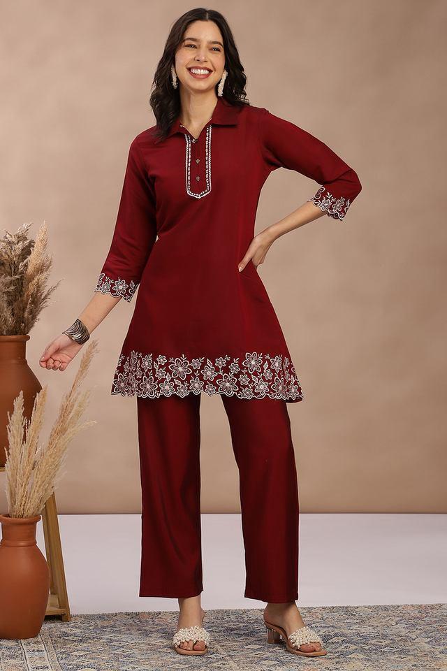 embroidered mid thigh silk woven womens kurta set