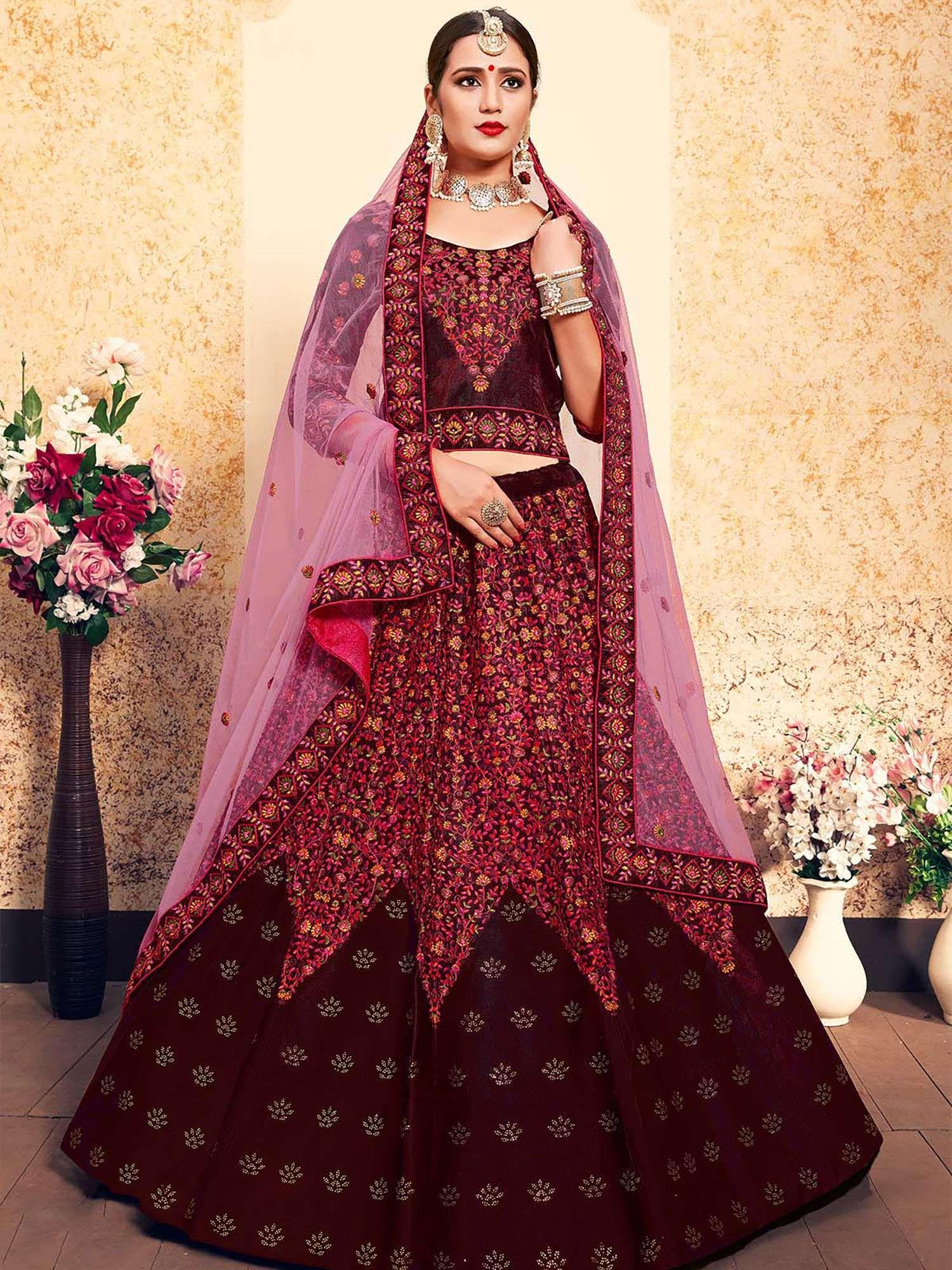 embroidered modern maroon semi stitched lehenga with unstitched blouse (set of 3)