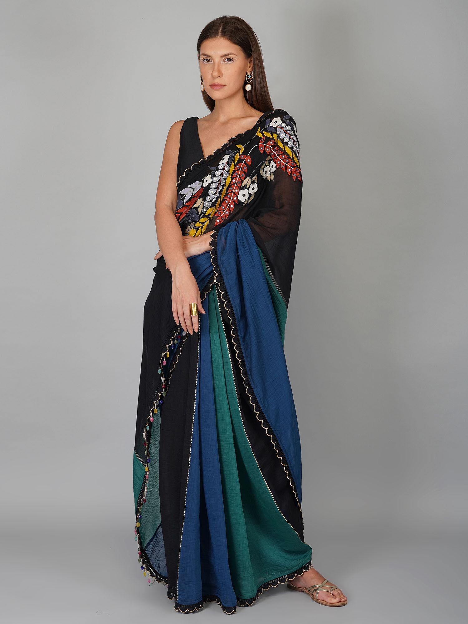 embroidered multicolour saree with unstiched blouse with unstitched