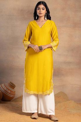 embroidered muslin v-neck women's casual wear kurta - yellow