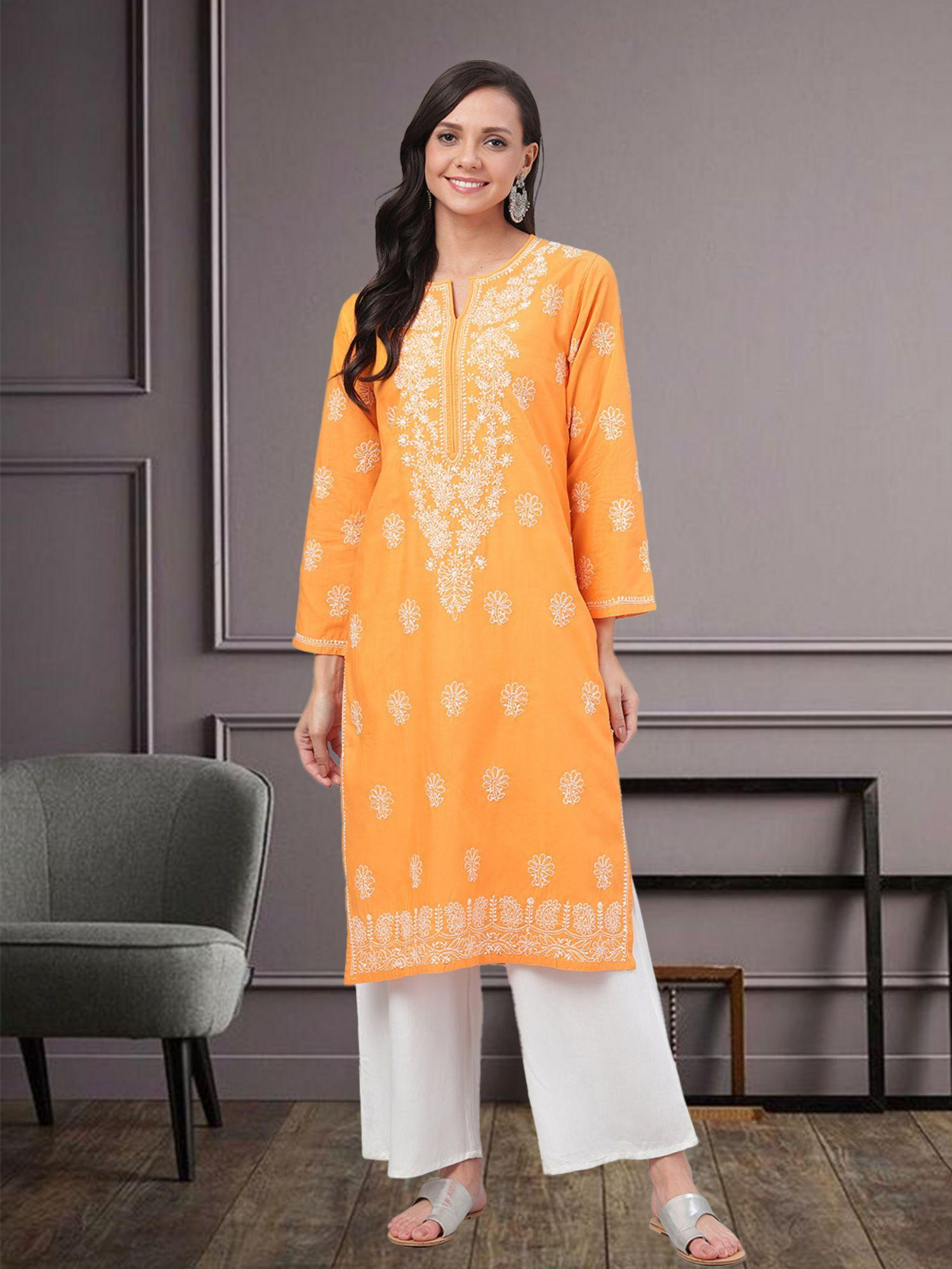 embroidered mustard cotton lucknow chikankari kurta (xs) (a100472)