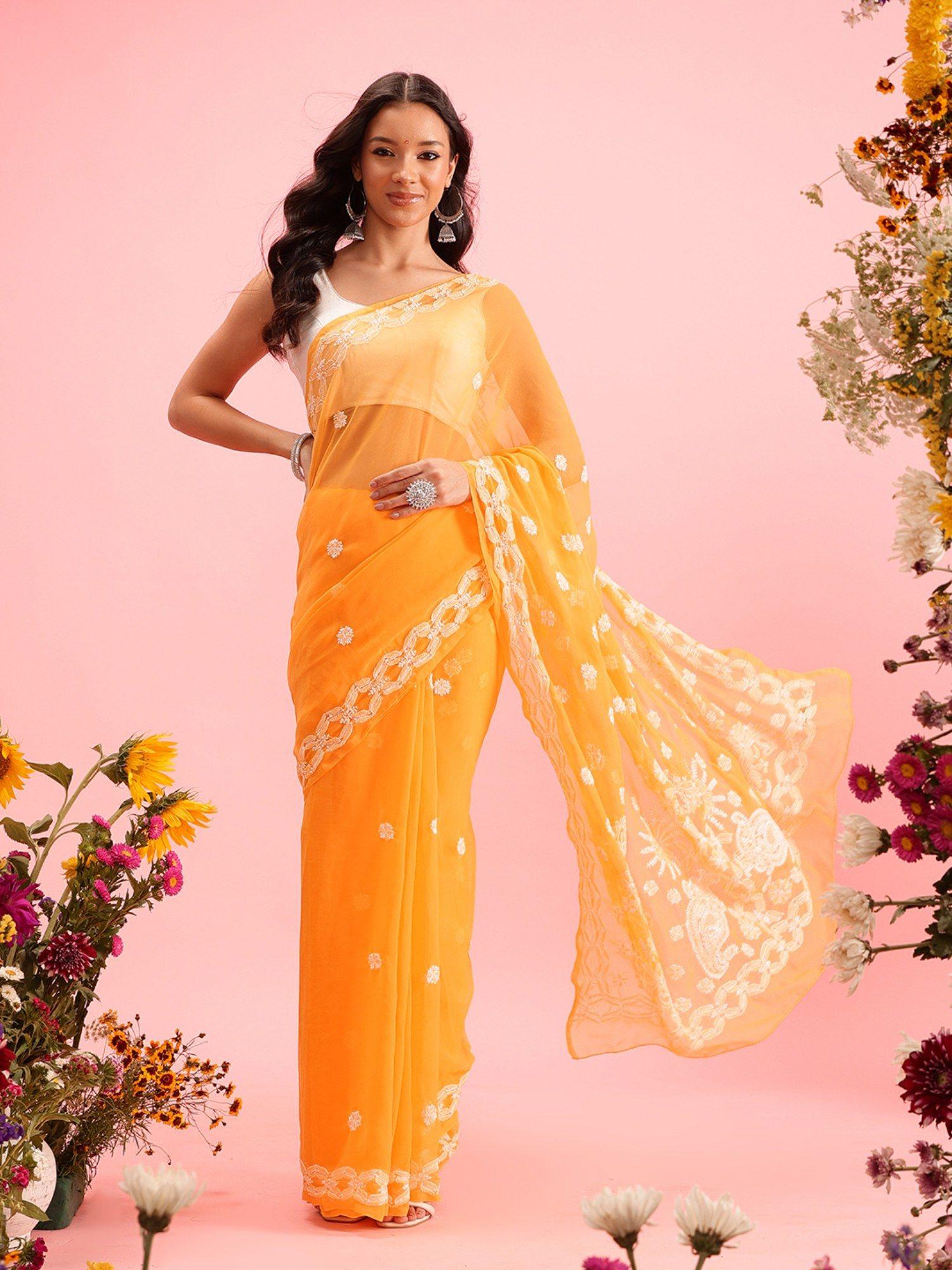 embroidered mustard georgette lucknow chikan saree with unstitched blouse (a130167)