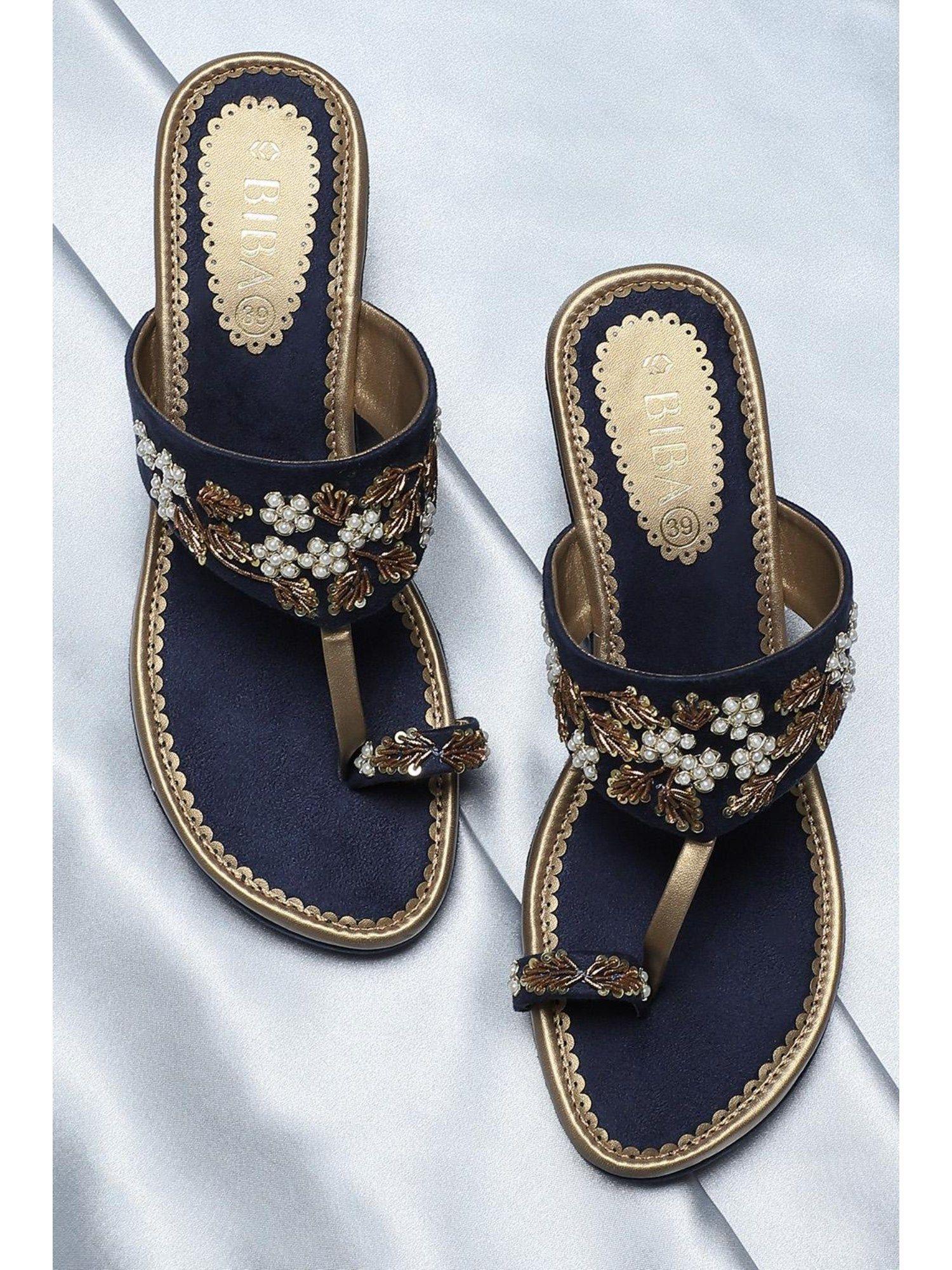 embroidered navy blue wedges