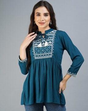 embroidered neck tie-up tunic