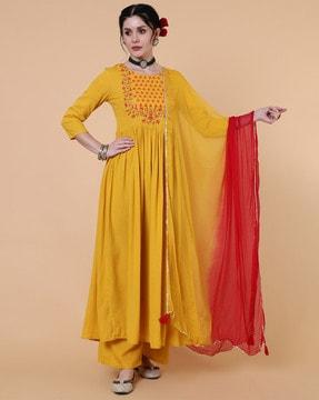 embroidered neckline flared kurta set