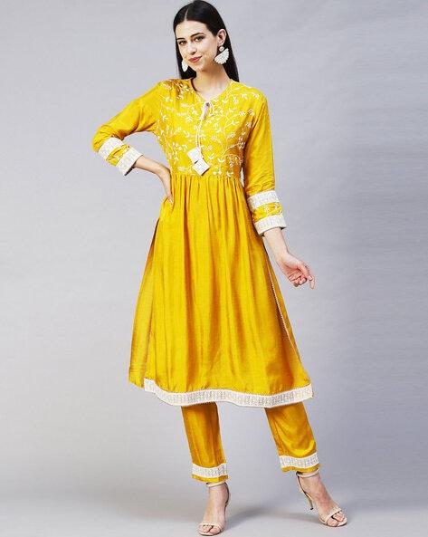 embroidered neckline straight kurta set