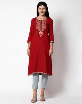 embroidered neckline straight kurta set