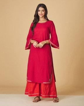 embroidered neckline straight kurta suit set