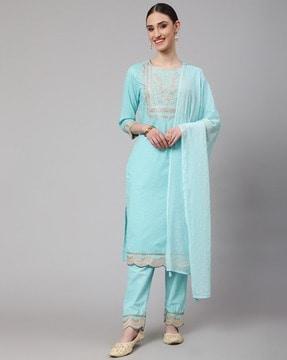 embroidered neckline straight kurta suit set