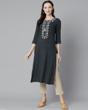 embroidered neckline straight kurta