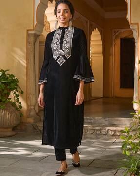 embroidered neckline straight kurta