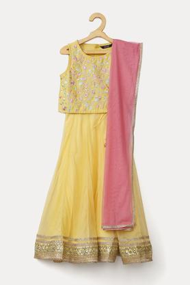 embroidered net round neck girls ghagra choli set - yellow