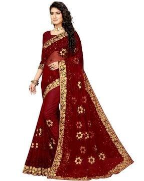 embroidered net saree with contrast border