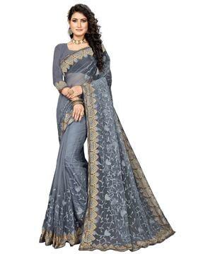 embroidered net saree with contrast border