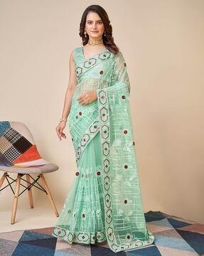 embroidered net saree with patch pocket