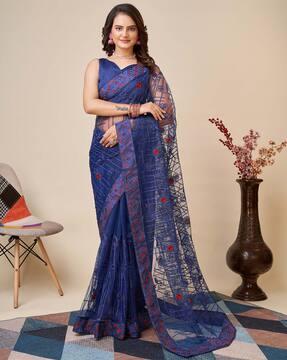 embroidered net saree with patch pocket