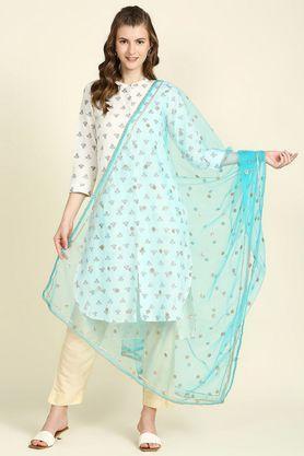 embroidered net womens festive wear dupatta - turquoise