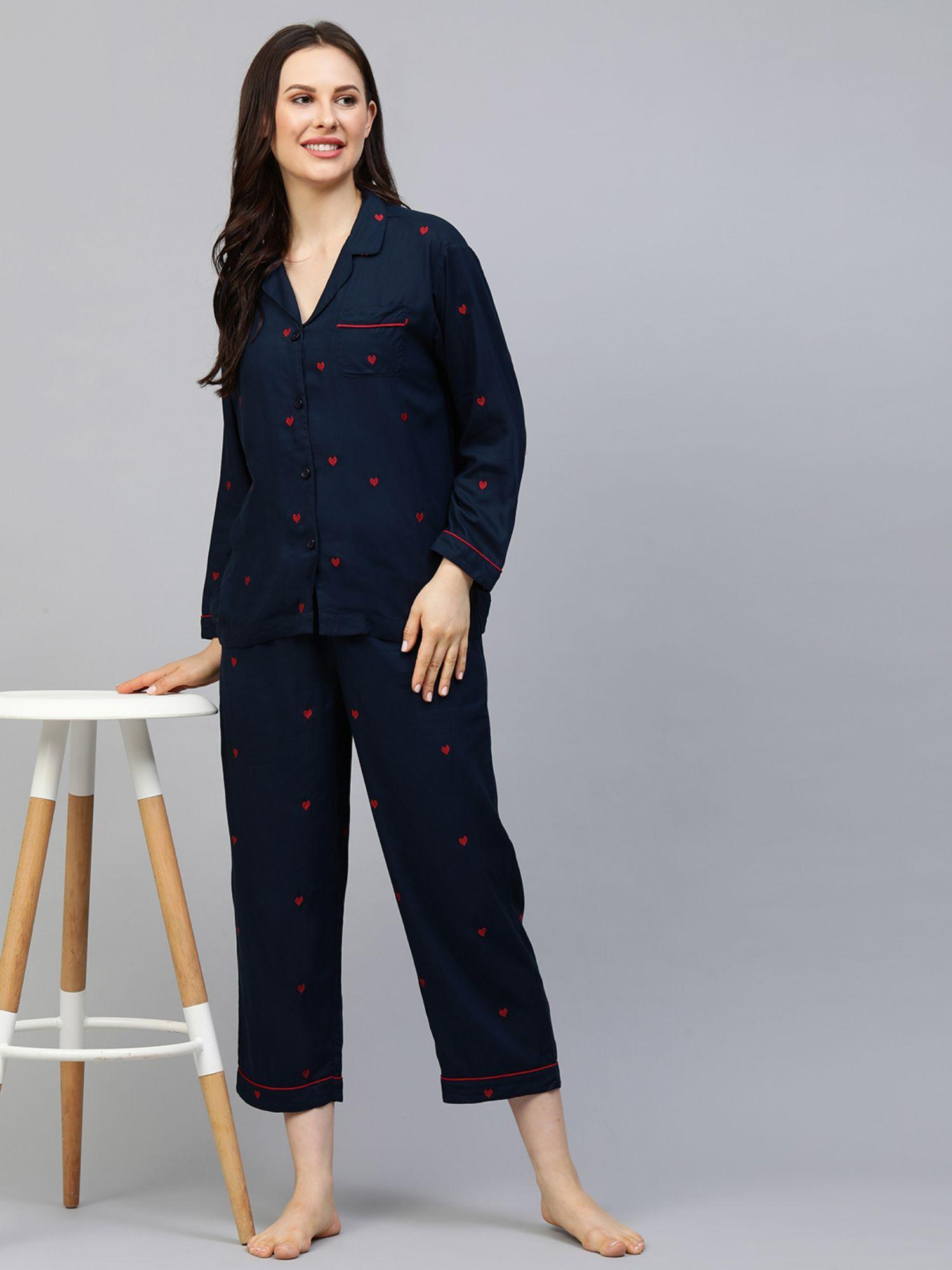 embroidered night suit - navy blue (set of 2)