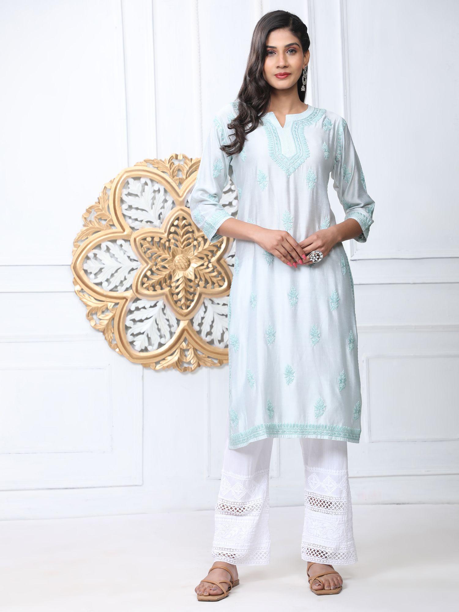 embroidered notch neck chikankari cotton kurta