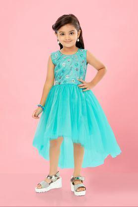 embroidered nylon round neck girls party wear dress - blue