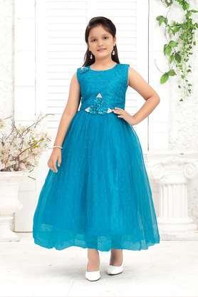 embroidered nylon round neck girls party wear dress - blue