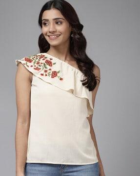 embroidered one-shoulder top
