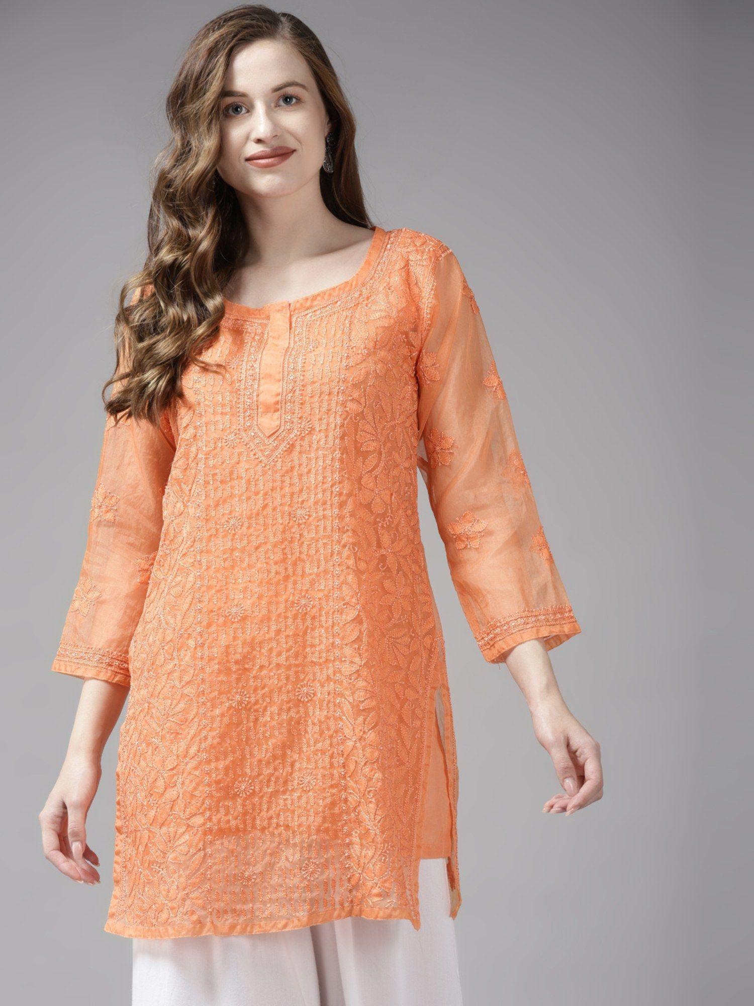 embroidered orange organza lucknowi chikankari kurti with slip (set of 2)