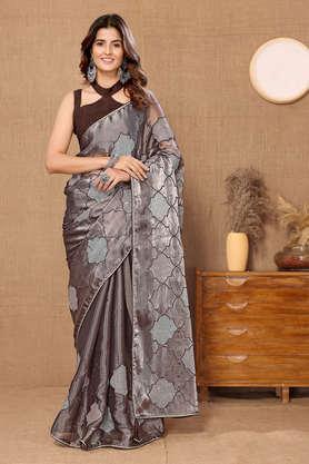 embroidered organza party wear women's saree - grey
