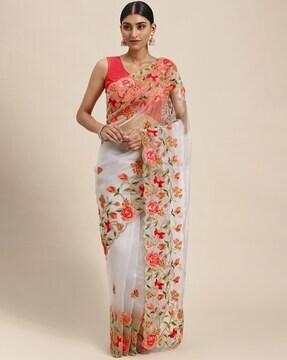 embroidered organza saree with scalloped border