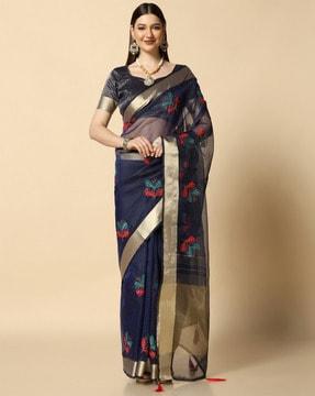 embroidered organza saree with tassels