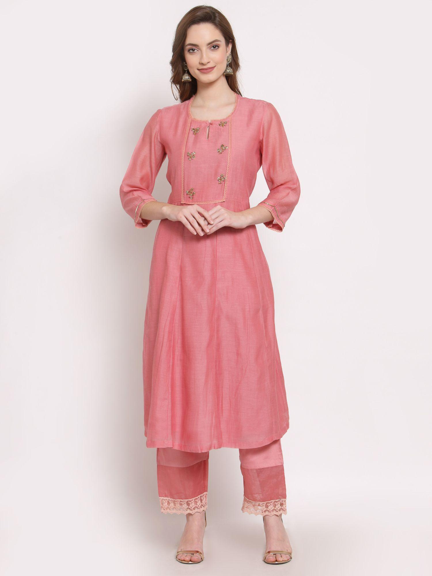 embroidered peach ceri a-line kurta