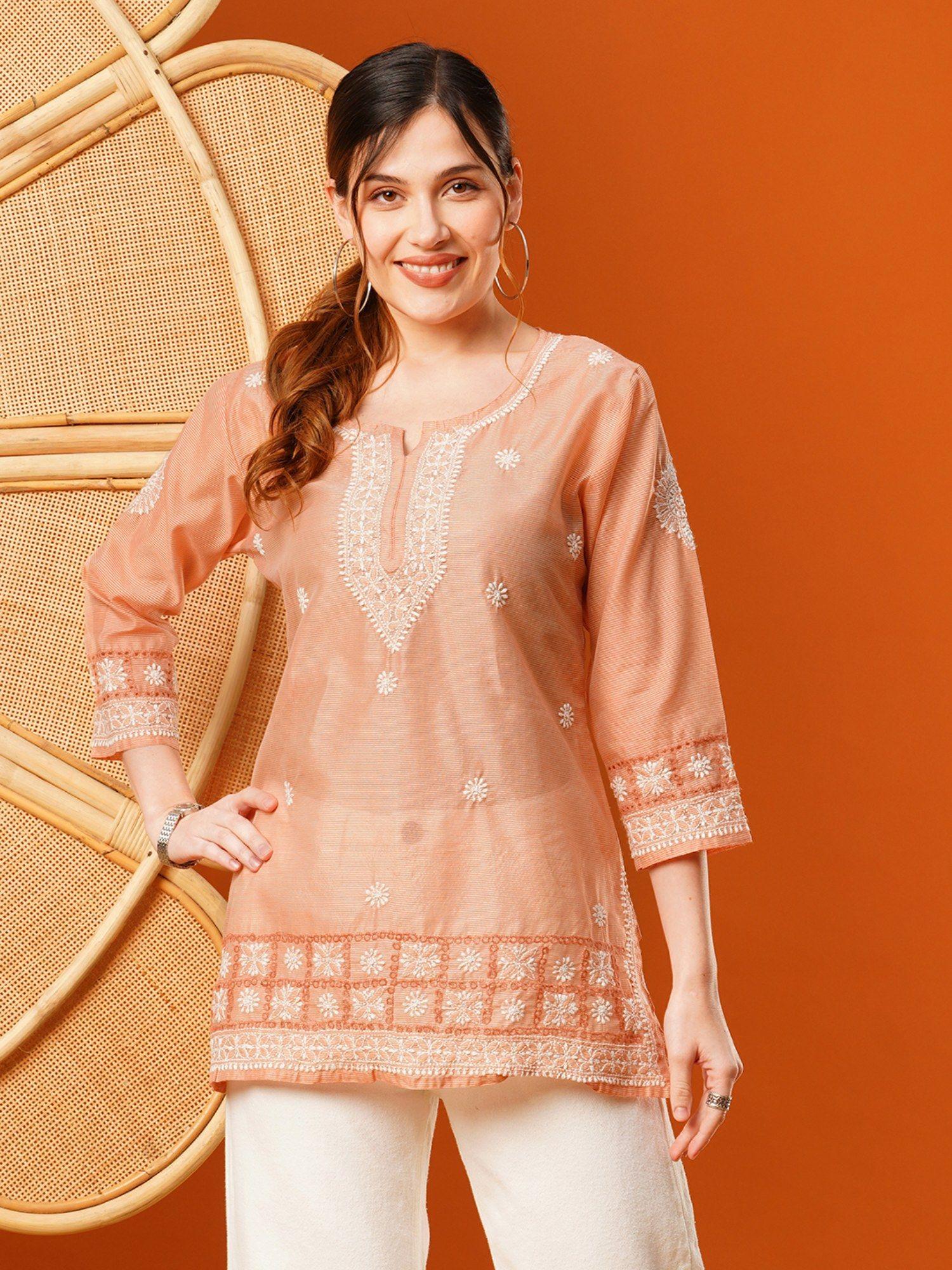 embroidered peach chanderi lucknowi chikankari kurti