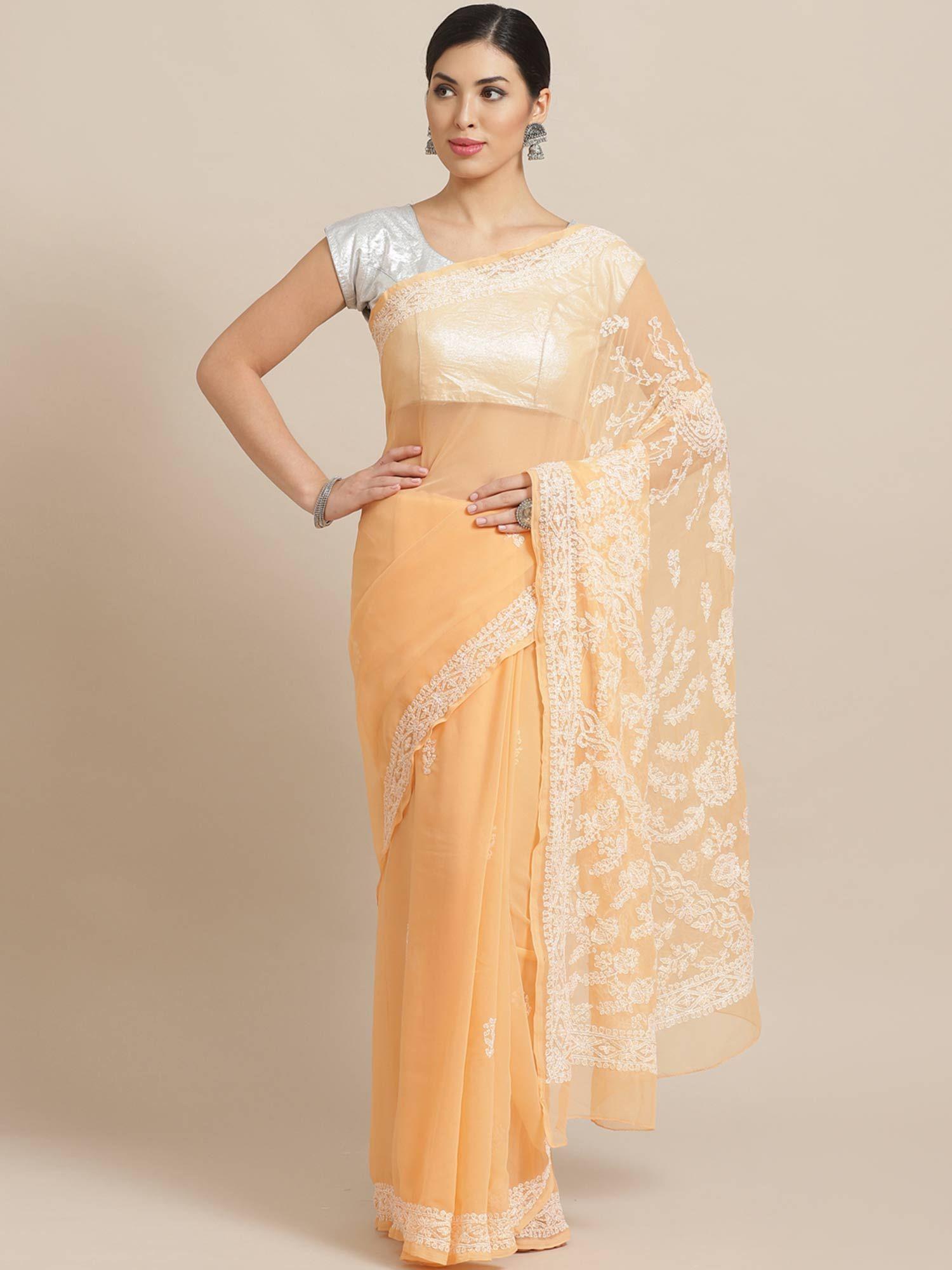 embroidered peach georgette lucknow chikan saree with unstitched blouse (a188942)