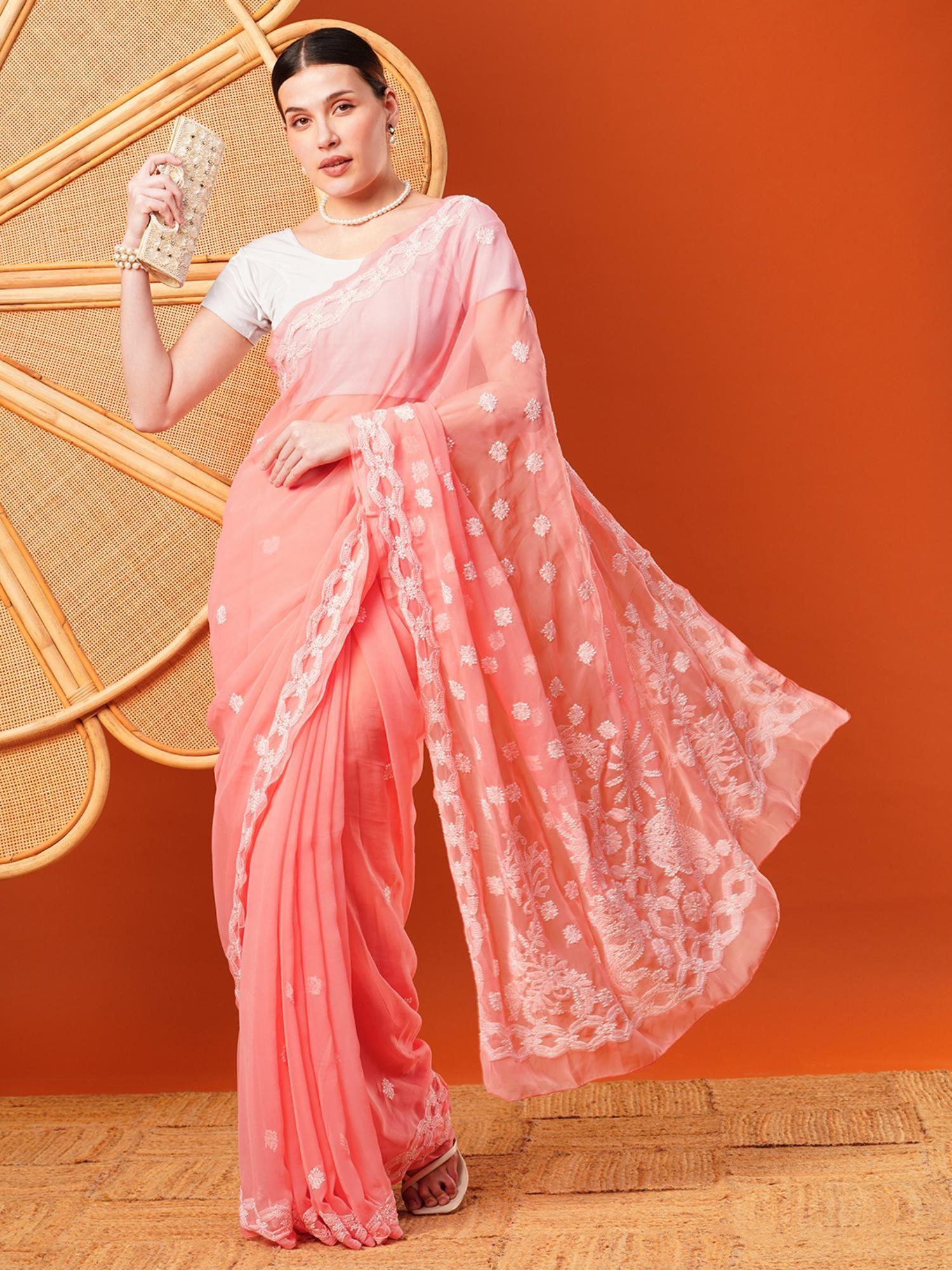 embroidered peach georgette lucknow chikan saree with unstitched blouse (a191488)