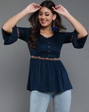 embroidered peplum top with bell sleeves