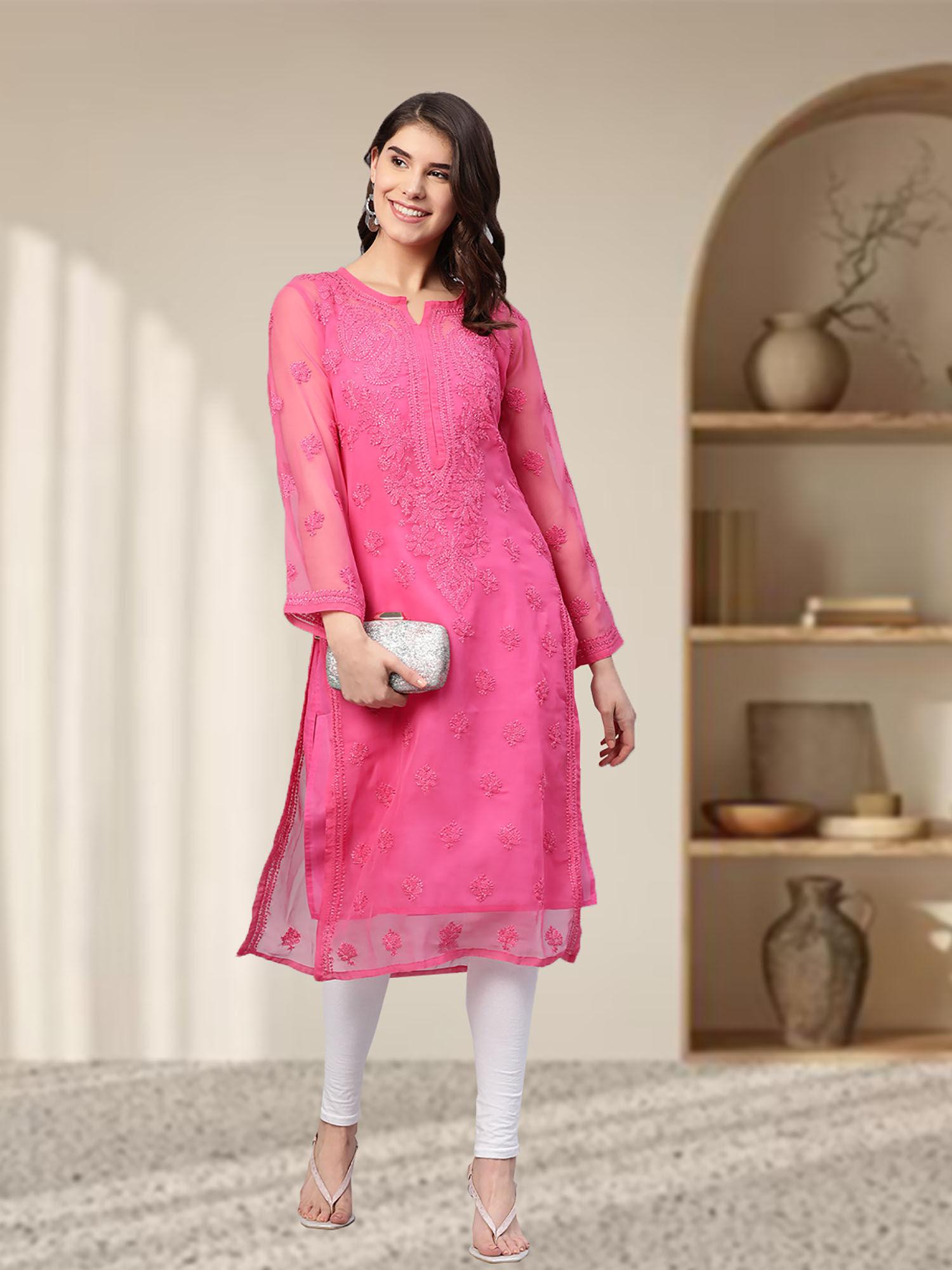 embroidered pink georgette lucknow chikan kurta with slip (set of 2) (xs) (a130755)