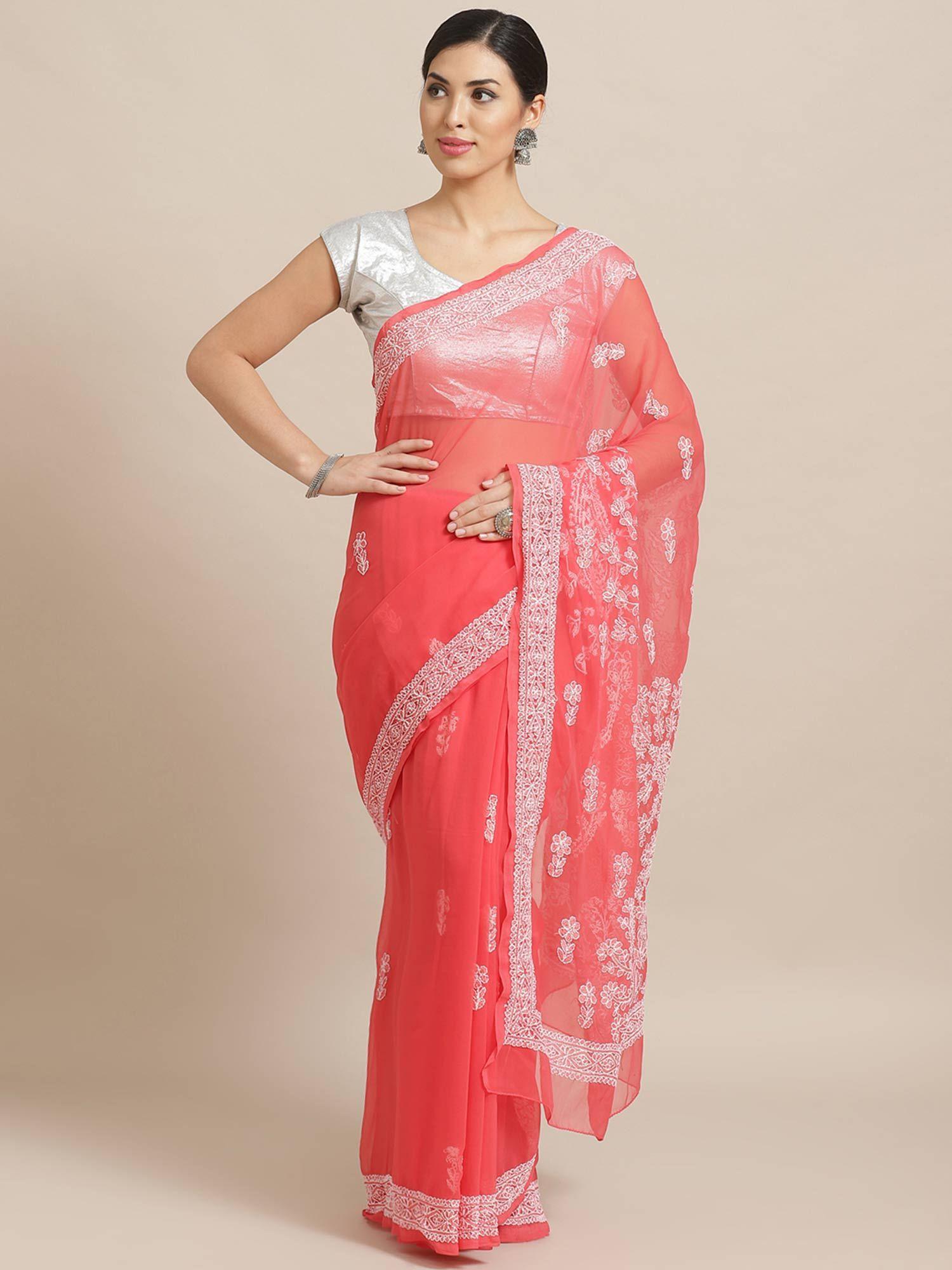 embroidered pink georgette lucknow chikan saree with unstitched blouse (a204484)