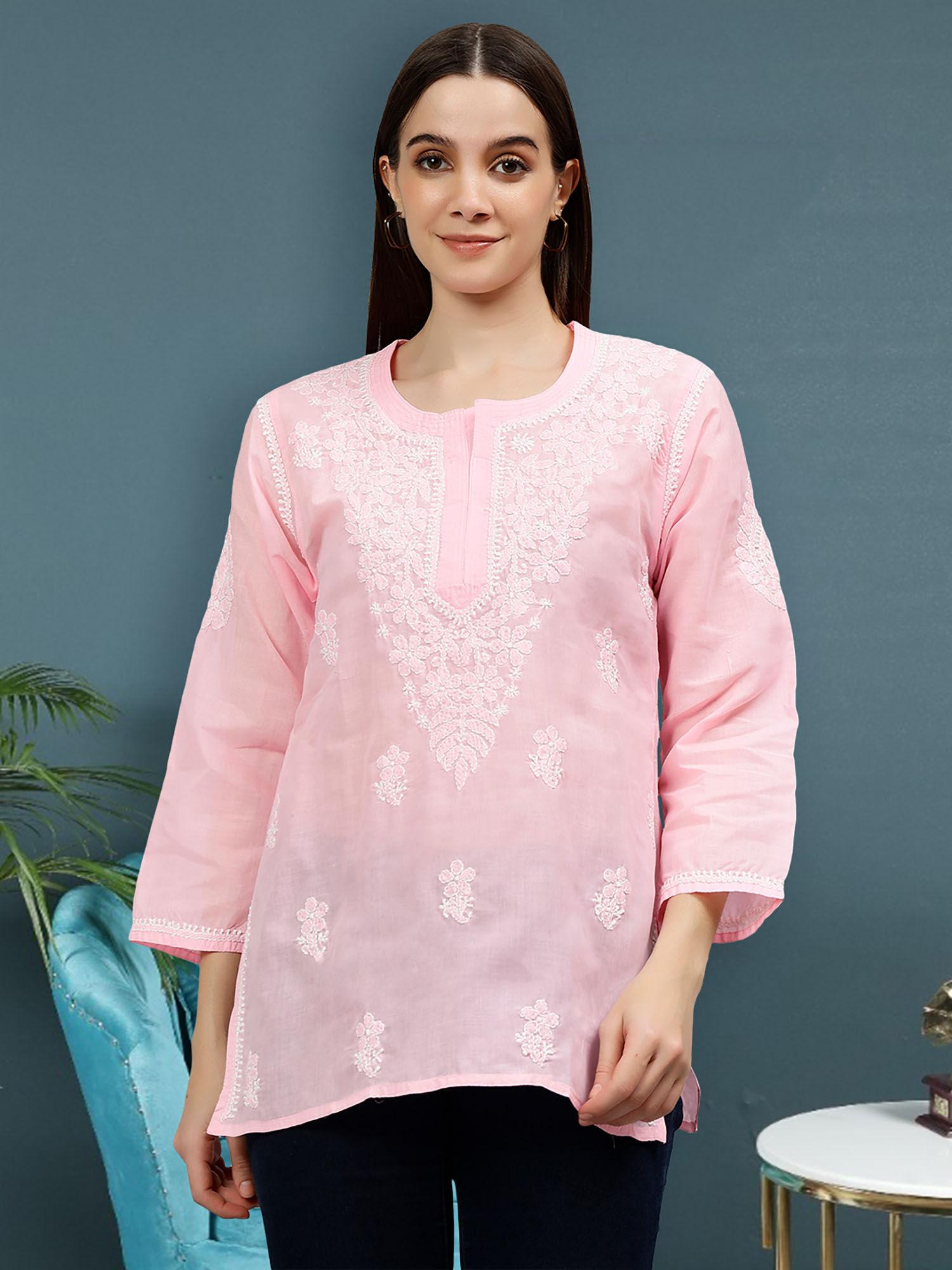 embroidered pink terivoil cotton lucknowi chikankari kurti