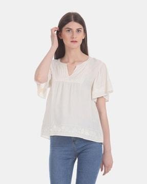 embroidered pintuck top with mandarin collar