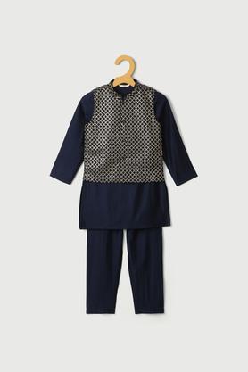 embroidered poly blend mandarin boys kurta pyjama jacket set - navy
