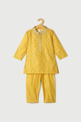 embroidered poly blend mandarin boys kurta pyjama jacket set - yellow