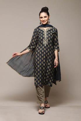 embroidered poly blend woven women's kurta pant dupatta set - indigo