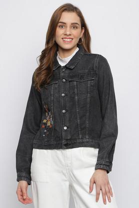 embroidered poly cotton collar neck women's jacket - black