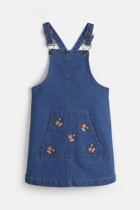 embroidered poly cotton regular fit girls dungarees - stone