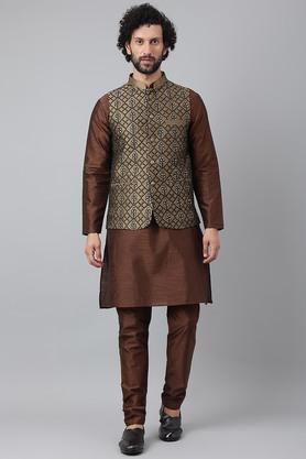 embroidered polyester blend regular fit mens kurta - brown