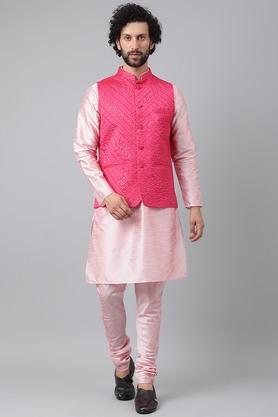 embroidered polyester blend regular fit mens kurta - pink