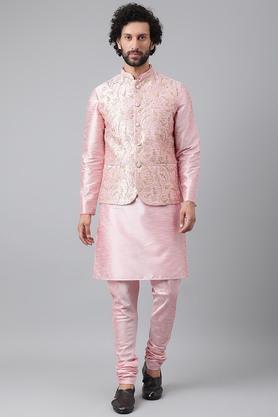 embroidered polyester blend regular fit mens kurta - pink