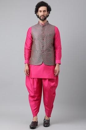 embroidered polyester blend regular fit mens kurta - pink