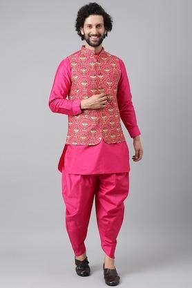 embroidered polyester blend regular fit mens kurta - pink